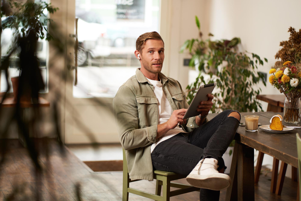 homem lendo kindle e organizando sua biblioteca de livros digitais